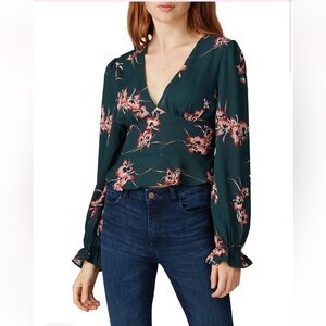 Louna Green Crop Top Smocked Long Sleeve Blouse Top Floral Pink V-neck S RTR